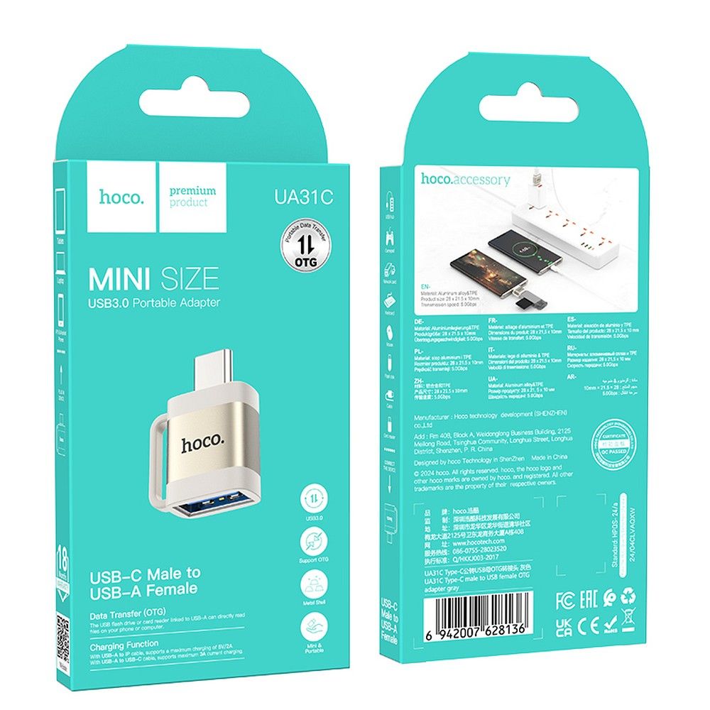 HOCO adapter OTG Type C (male) to USB A (female) 3A UA31C gray