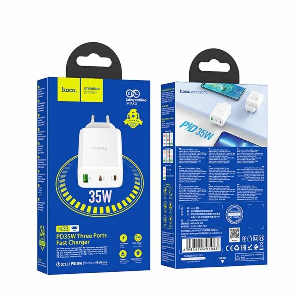 HOCO charger 2 x Type C + USB A PD QC3.0 3A 35W N33 white