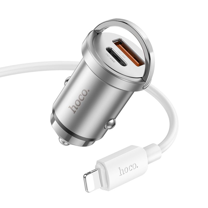 HOCO car charger USB A + Type C + cable Type C to Lightning PD QC3.0 4A 45W NZ10 silver