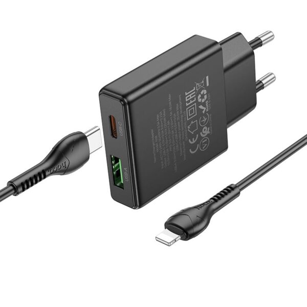 HOCO slim wall charger USB A + Type C with Type C to Lightning cable PD QC3.0 3A 20W N38 black