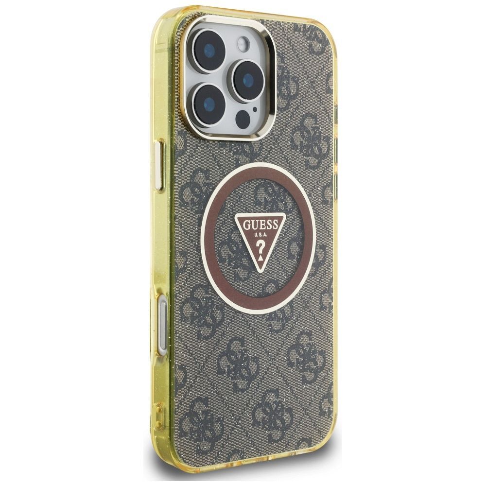 GUESS case for IPHONE 16 Pro compatible with MagSafe GUHMP16LHG4PRTGW (IML Metal Glitter 4G Circle Triangle) brown