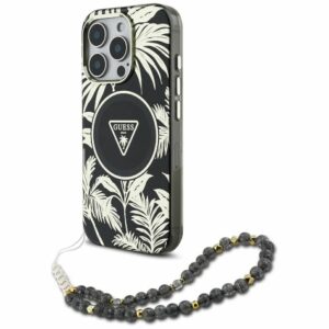 GUESS case for IPHONE 16 Pro compatible with MagSafe GUHMP16LHPCTPLSK (IML Palm Trees Triangle W/ Pearl Strap) black