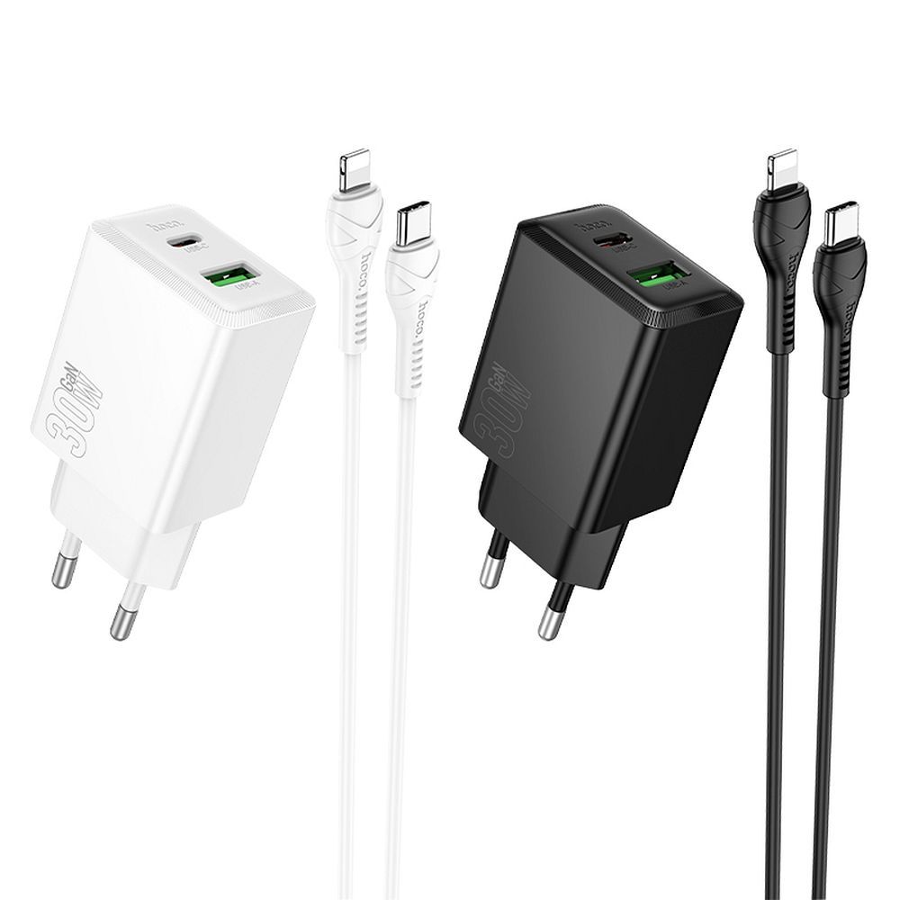 HOCO wall charger USB A + Type C + cable Type C to Type C 60W PD QC3.0 AFC 3A 30W N71 white