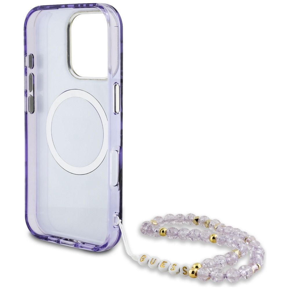 GUESS case for IPHONE 16 Pro Max compatible with MagSafe GUHMP16XHPCTPLSU (IML Palm Trees Triangle W/ Pearl Strap) purple