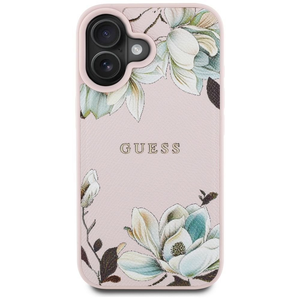GUESS case for IPHONE 16 compatible with MagSafe GUHMP16SPGNMPLMP (PU Grained Flowers Classic Logo) pink