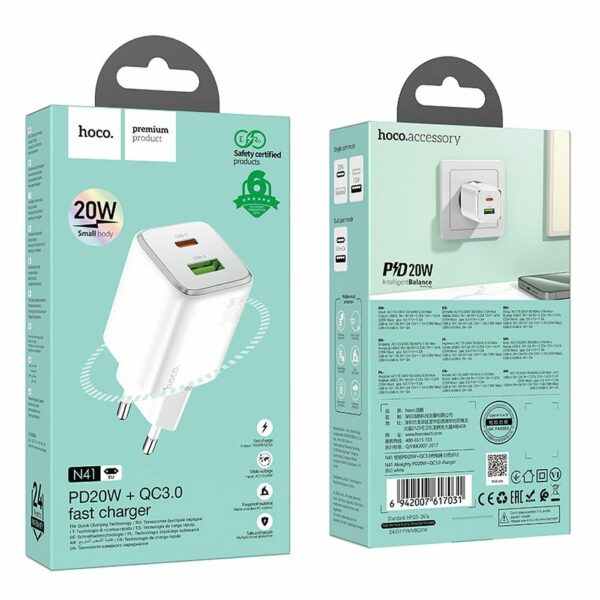 Φορτιστής HOCO USB-A & Type-C PD QC 3A 20W N41 Λευκός