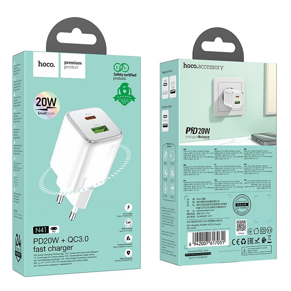 Φορτιστής HOCO USB-A & Type-C PD QC 3A 20W N41 Λευκός