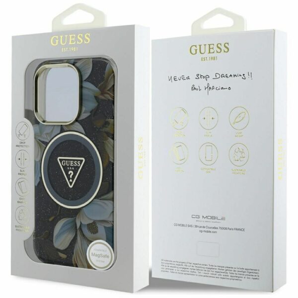 GUESS case for IPHONE 16 Pro compatible with MagSafe GUHMP16LHFLPEDK (IML Metal Glitter Flowers Triangle) black