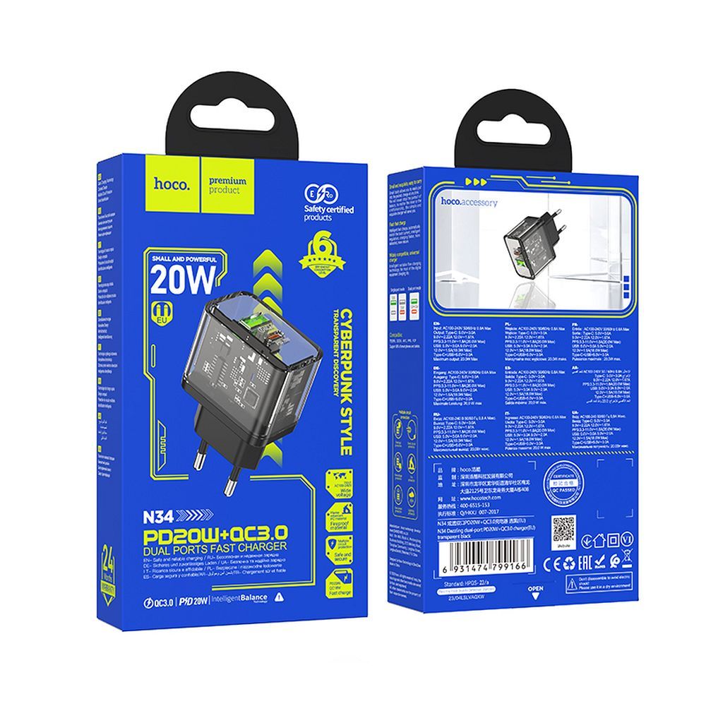 HOCO wall charger USB A + Type C PD QC3.0 3A 20W N34 transparent