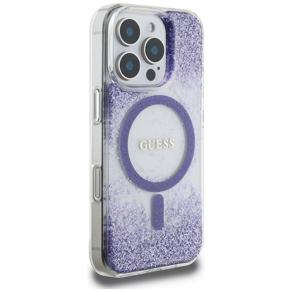 GUESS case for IPHONE 16 Pro compatible with MagSafe GUHMP16LRGRGEU (Resin Bottom Glitter) purple