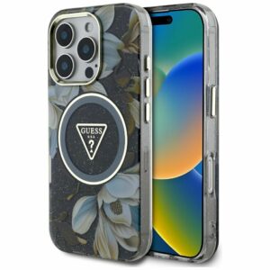 GUESS case for IPHONE 16 Pro compatible with MagSafe GUHMP16LHFLPEDK (IML Metal Glitter Flowers Triangle) black