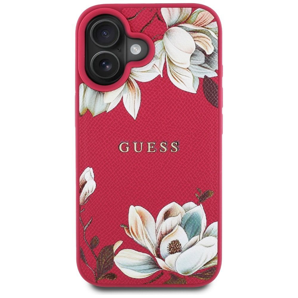 GUESS case for IPHONE 16 compatible with MagSafe GUHMP16SPGNMPLMF (PU Grained Flowers Classic Logo) fuschia