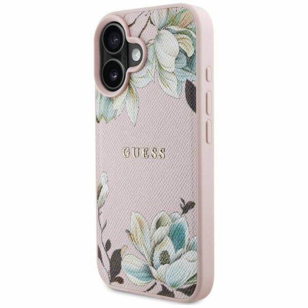 GUESS case for IPHONE 16 compatible with MagSafe GUHMP16SPGNMPLMP (PU Grained Flowers Classic Logo) pink