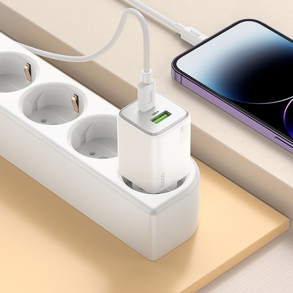 HOCO charger USB A + Type C + cable Type C to Lightning PD QC 3A 20W N41 white
