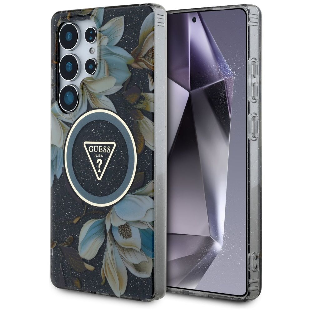 Θήκη Κινητού GUESS Samsung S25 Ultra Μαύρη με Γκλίτερ & Λουλούδια