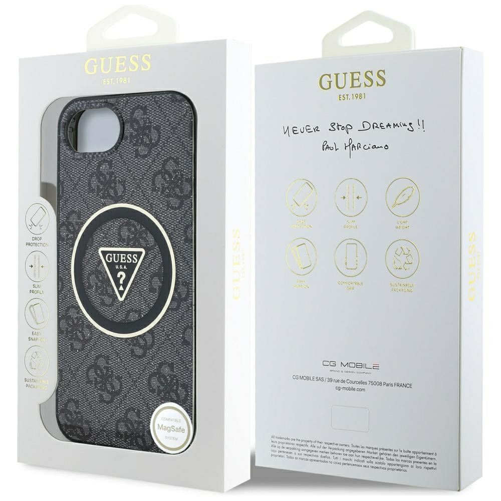 GUESS case for IPHONE 16e (SE 4 2025) compatible with MagSafe GUHMPSE4HG4PRTGK (IML Metal Glitter 4G Circle Triangle) black
