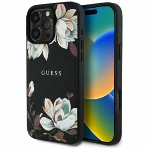 GUESS case for IPHONE 16 Pro compatible with MagSafe GUHMP16LPGNMPLMK (PU Grained Flowers Classic Logo) black