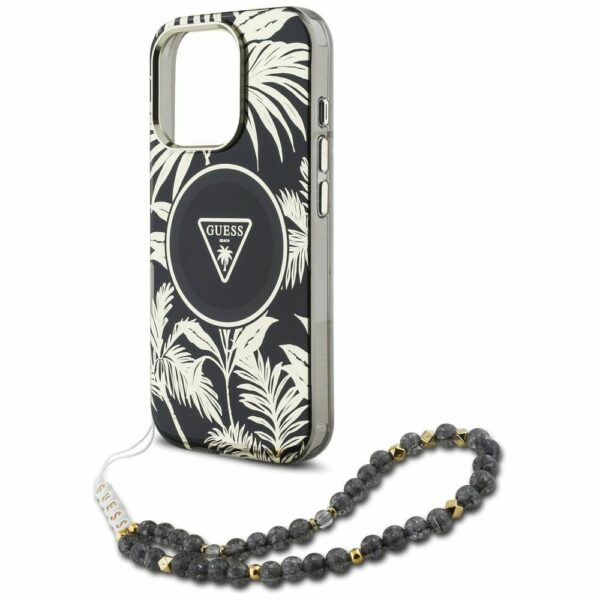 GUESS case for IPHONE 16 Pro Max compatible with MagSafe GUHMP16XHPCTPLSK (IML Palm Trees Triangle W/ Pearl Strap) black