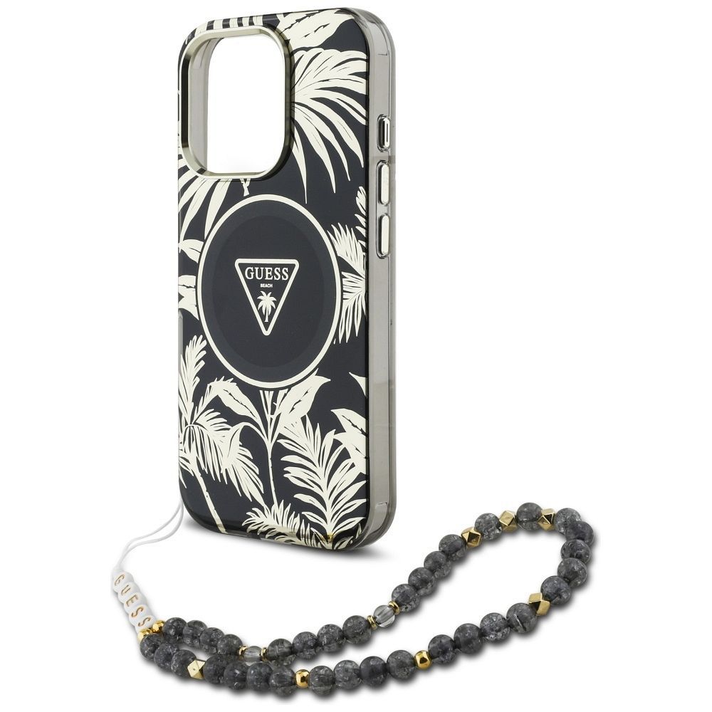 GUESS case for IPHONE 16 Pro Max compatible with MagSafe GUHMP16XHPCTPLSK (IML Palm Trees Triangle W/ Pearl Strap) black