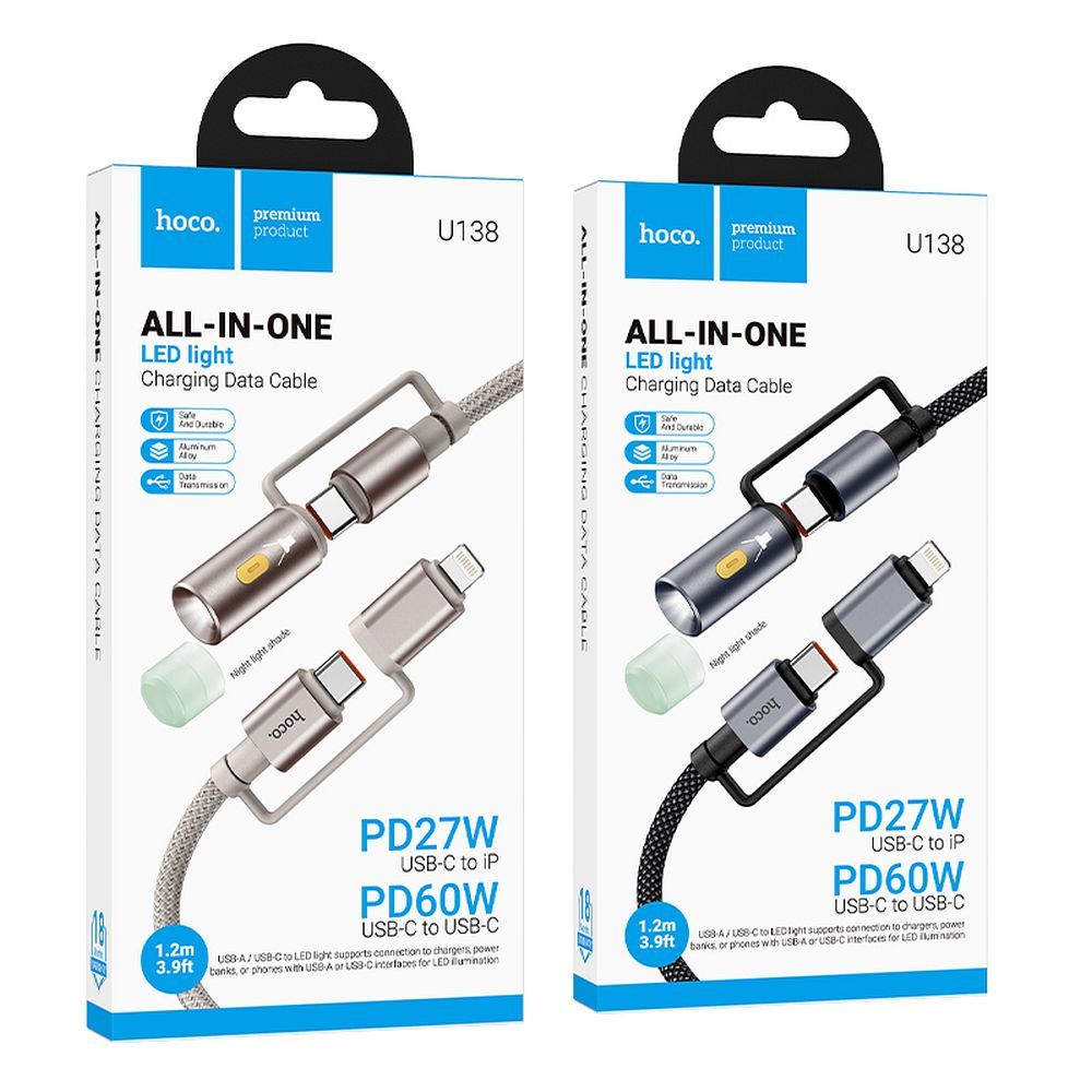 HOCO cable All-in-one Type C / Lightning to Type C / LED Light PD 3A 60W U138 1,2 m black