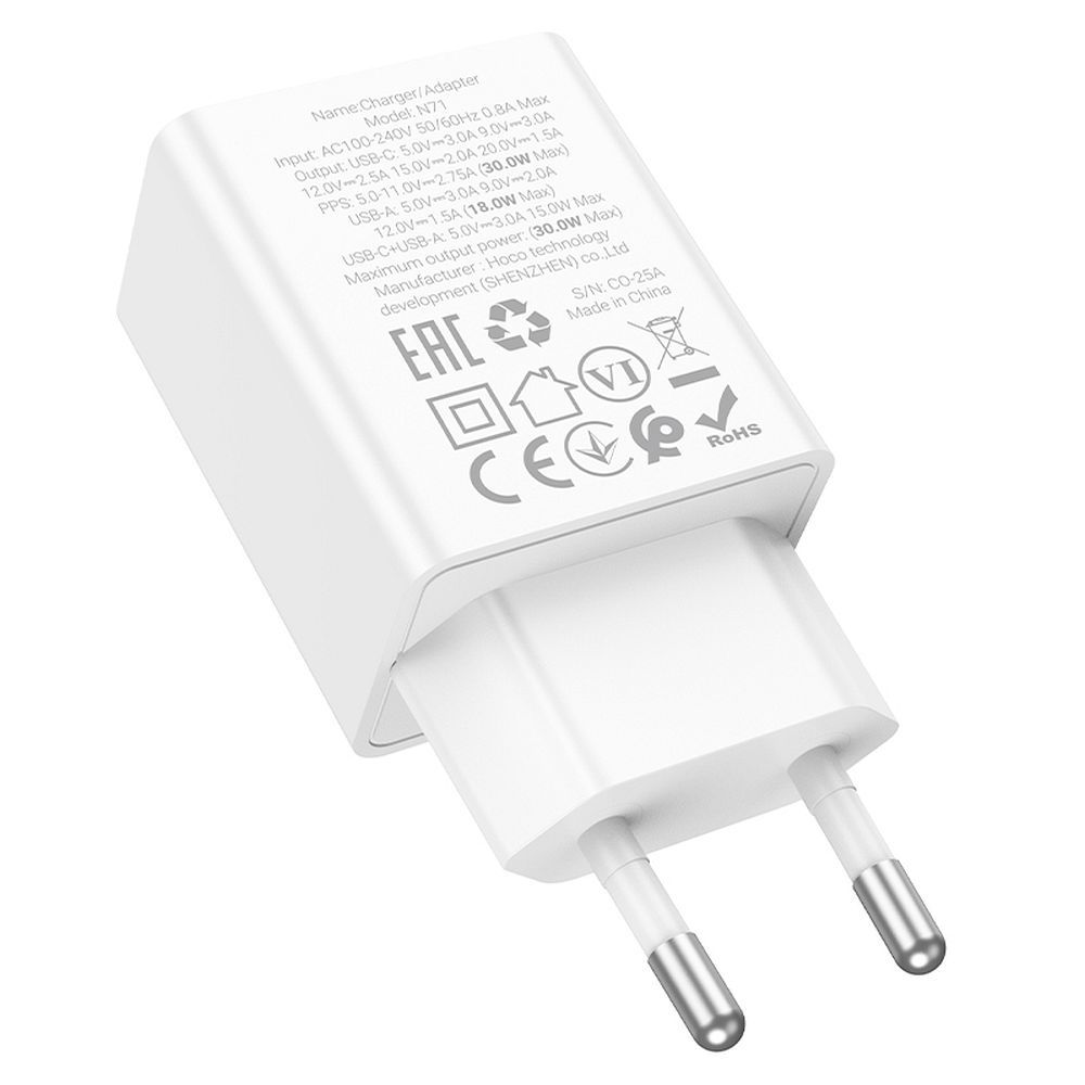 HOCO wall charger USB A + Type C PD QC3.0 AFC 3A 30W N71 white