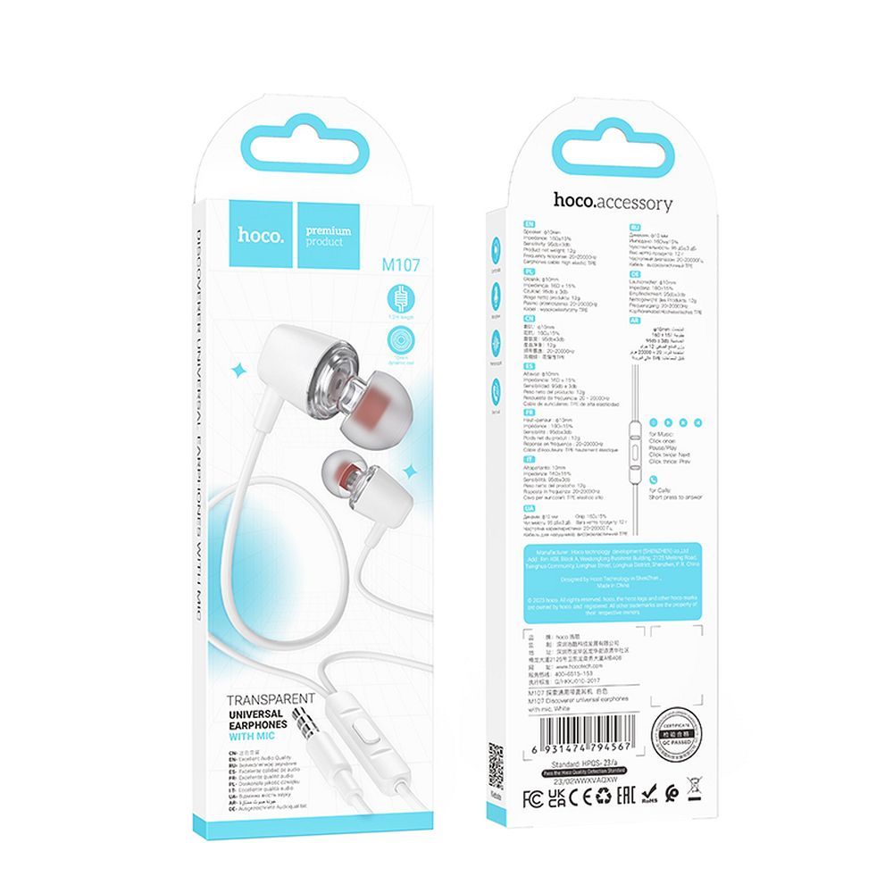HOCO wire earphones Jack 3,5 mm with microphone M107 white