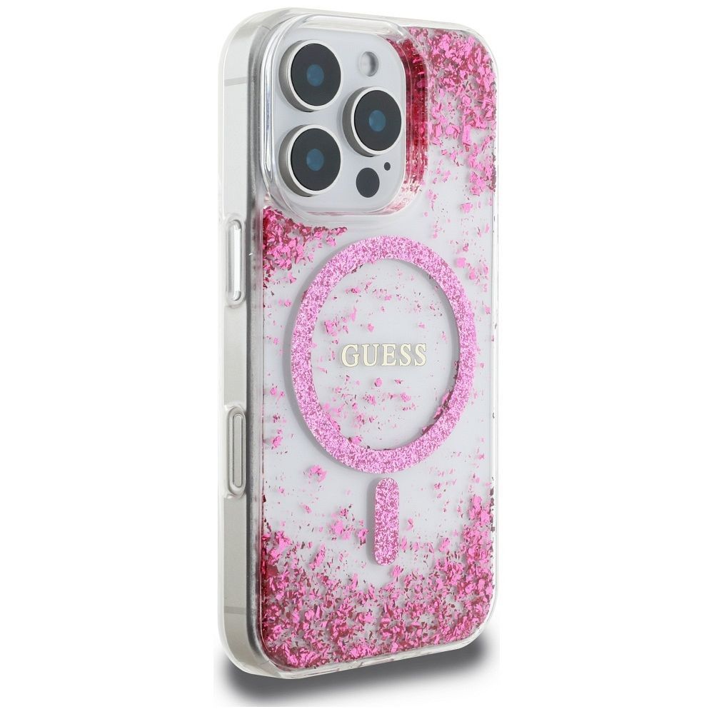 GUESS case for IPHONE 16 Pro compatible with MagSafe GUHMP16LRGRGEP (Resin Bottom Glitter) pink