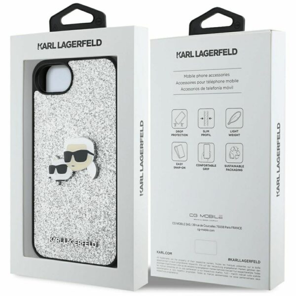 KARL LAGERFELD case for IPHONE 16e (SE 4 2025) KLHCPSE4PFGKCPS (Fixed Glitter W/ Ikonik Metal Pin) silver