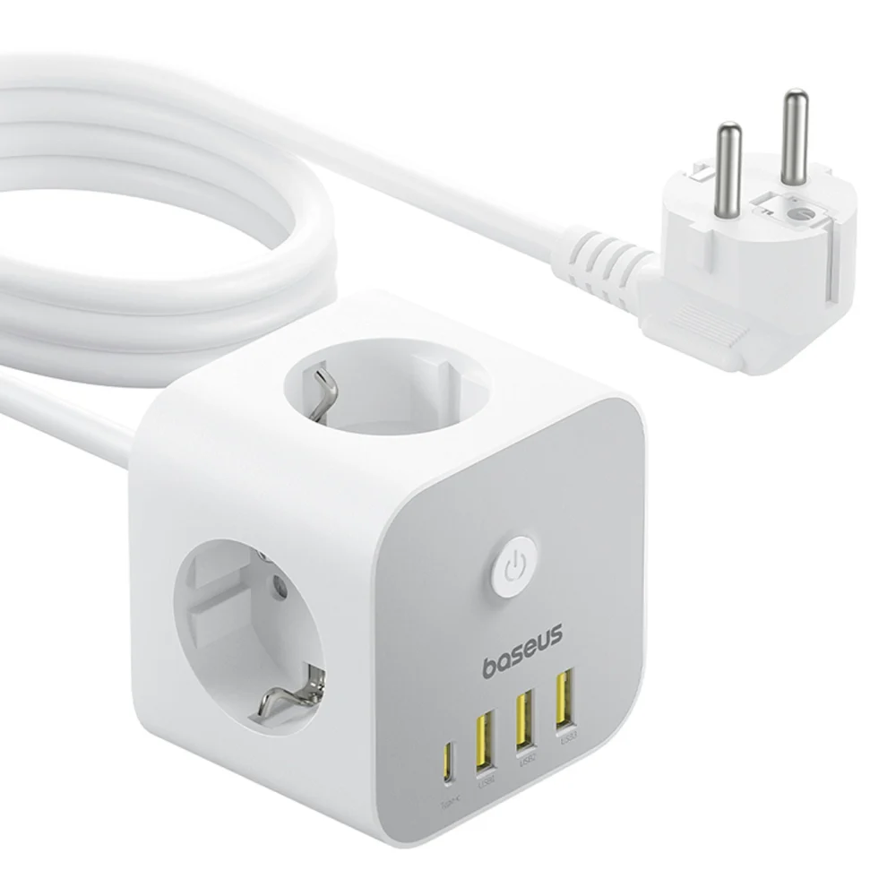 Baseus PowerCombo 7 in 1 Power Strip Cube, 3 AC + 3 x USB-A + 1 x USB-C 20W 1.5 m - whiteeng