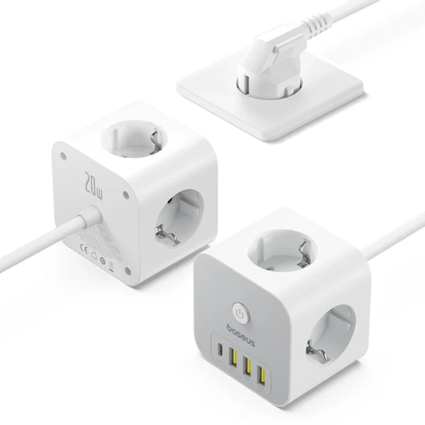 Baseus PowerCombo 7 in 1 Power Strip Cube, 3 AC + 3 x USB-A + 1 x USB-C 20W 1.5 m - whiteeng