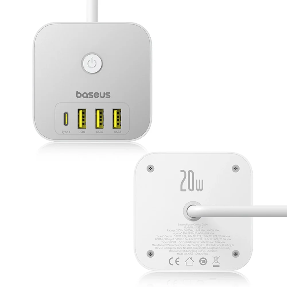 Baseus PowerCombo 7 in 1 Power Strip Cube, 3 AC + 3 x USB-A + 1 x USB-C 20W 1.5 m - whiteeng