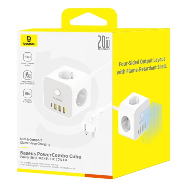 Baseus PowerCombo 7 in 1 Power Strip Cube, 3 AC + 3 x USB-A + 1 x USB-C 20W 1.5 m - whiteeng