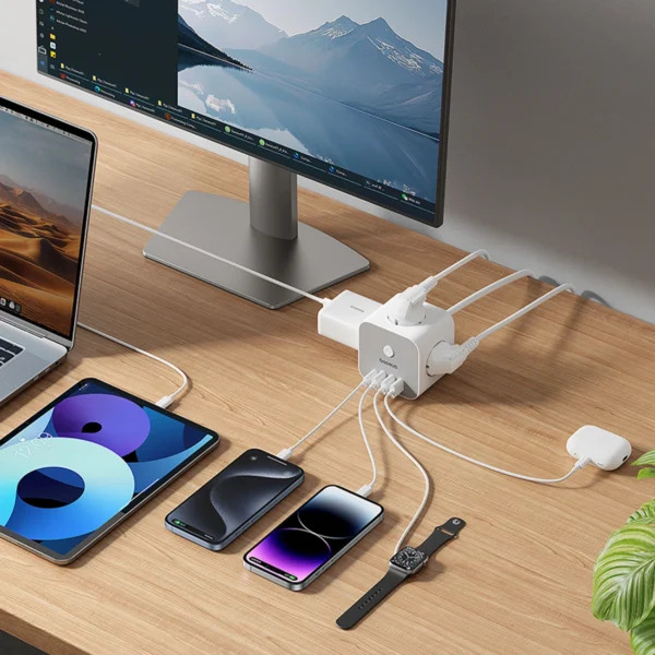 Baseus PowerCombo 7 in 1 Power Strip Cube, 3 AC + 3 x USB-A + 1 x USB-C 20W 1.5 m - whiteeng