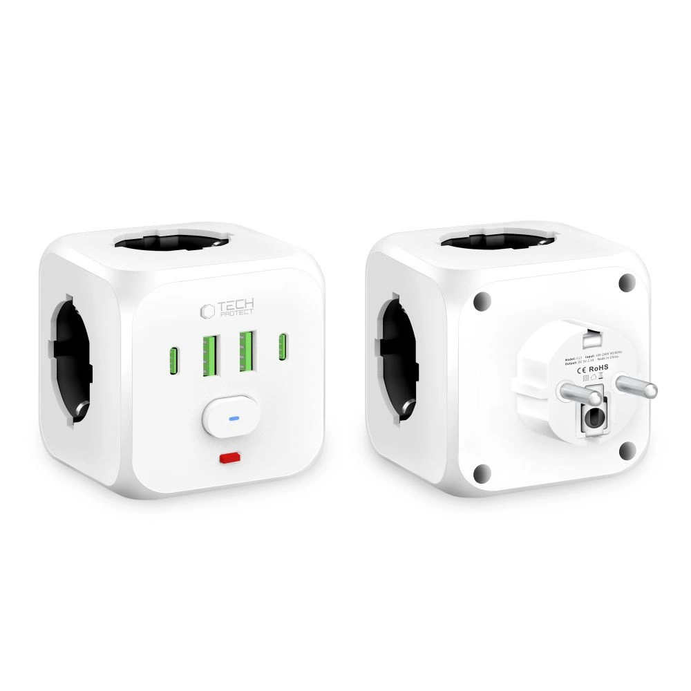 Tech-Protect PCL3x4 Power Strip, 2x USB-A, 2x USB-C, 3x AC Type Schuko - Whiteeng