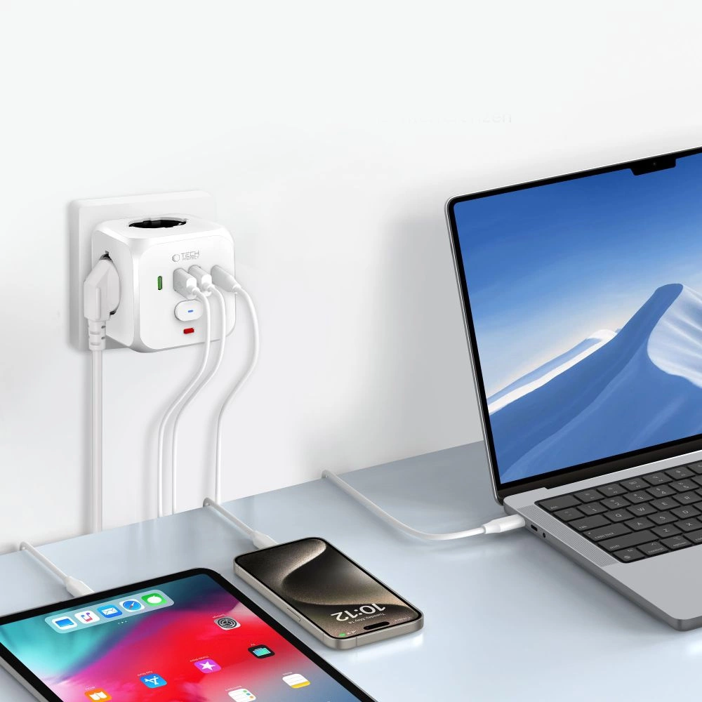 Tech-Protect PCL3x4 Power Strip, 2x USB-A, 2x USB-C, 3x AC Type Schuko - Whiteeng