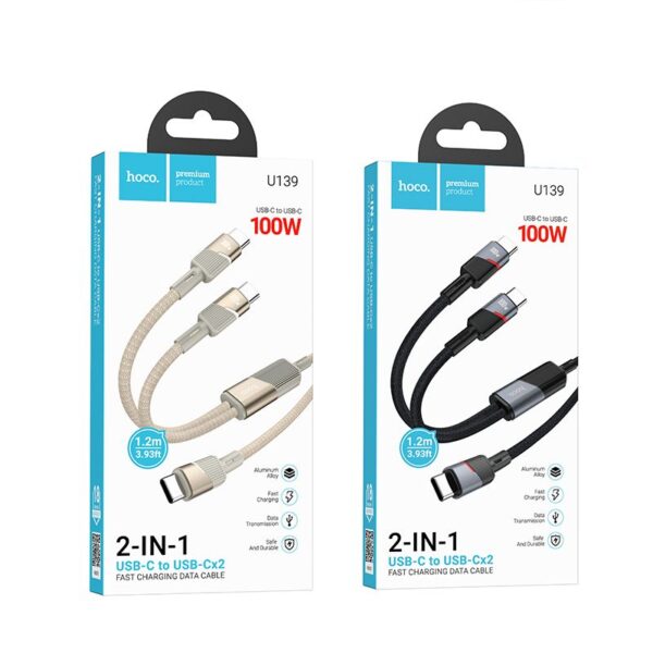 Cable 2in1 USB C to USB C / USB C Hoco 5A 100W 1,2 m U139 black