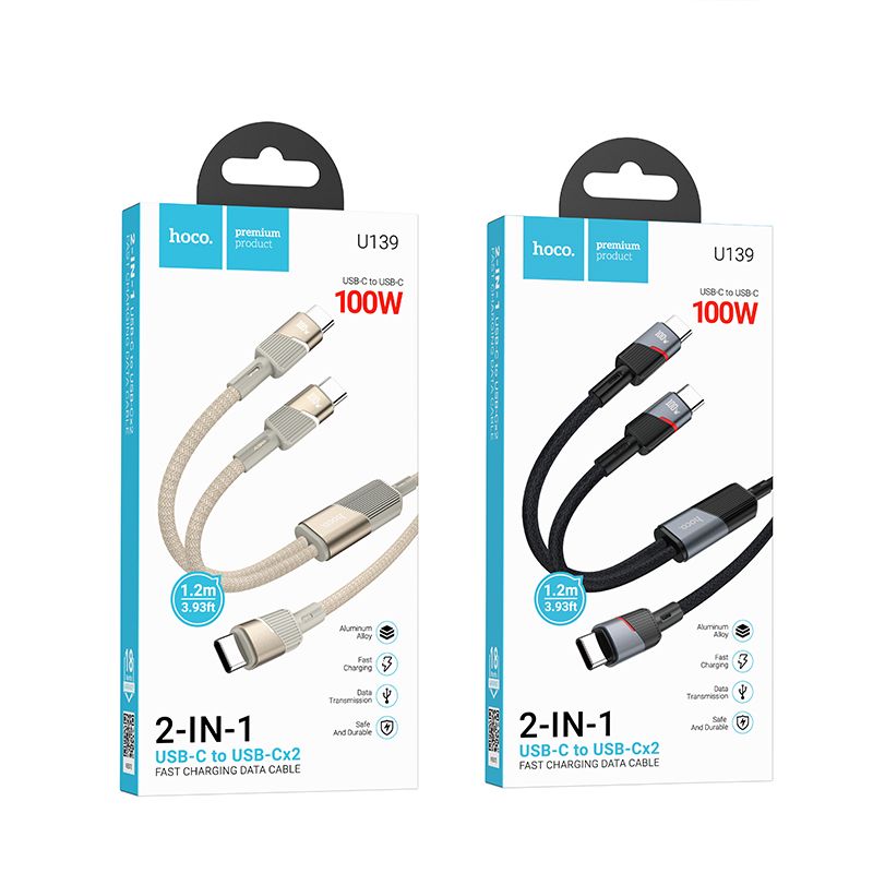 Cable 2in1 USB C to USB C / USB C Hoco 5A 100W 1,2 m U139 black
