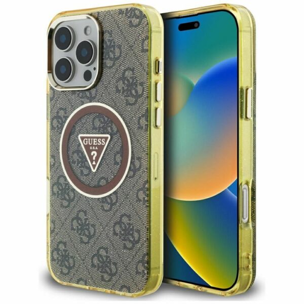 GUESS case for IPHONE 16 Pro compatible with MagSafe GUHMP16LHG4PRTGW (IML Metal Glitter 4G Circle Triangle) brown