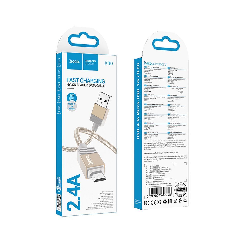 HOCO cable USB A to Micro USB 2,4A X110 1 m gold