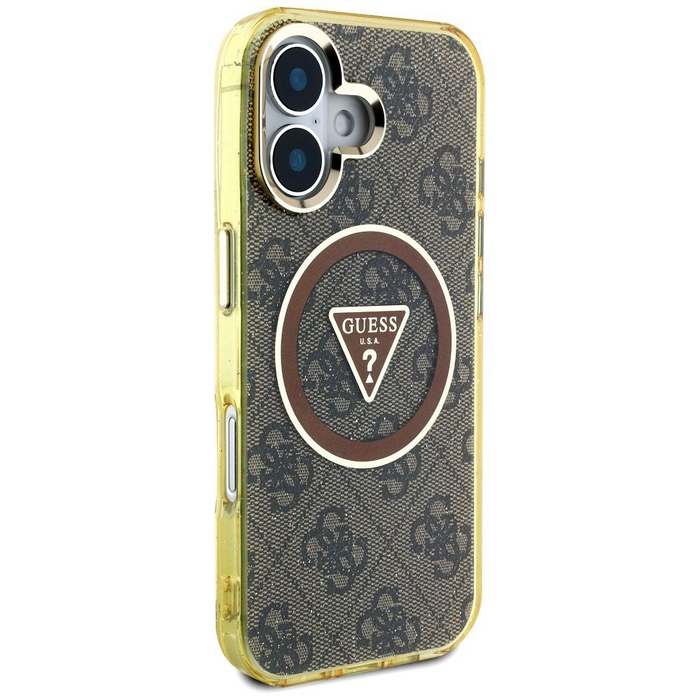 GUESS case for IPHONE 16 compatible with MagSafe GUHMP16SHG4PRTGW (IML Metal Glitter 4G Circle Triangle) brown