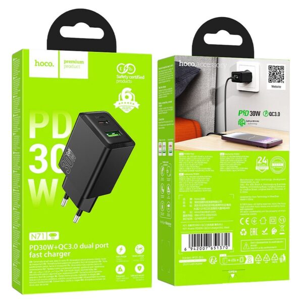 HOCO wall charger USB A + Type C PD QC3.0 AFC 3A 30W N71 black
