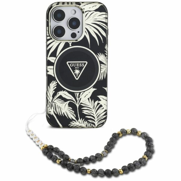 GUESS case for IPHONE 16 Pro Max compatible with MagSafe GUHMP16XHPCTPLSK (IML Palm Trees Triangle W/ Pearl Strap) black