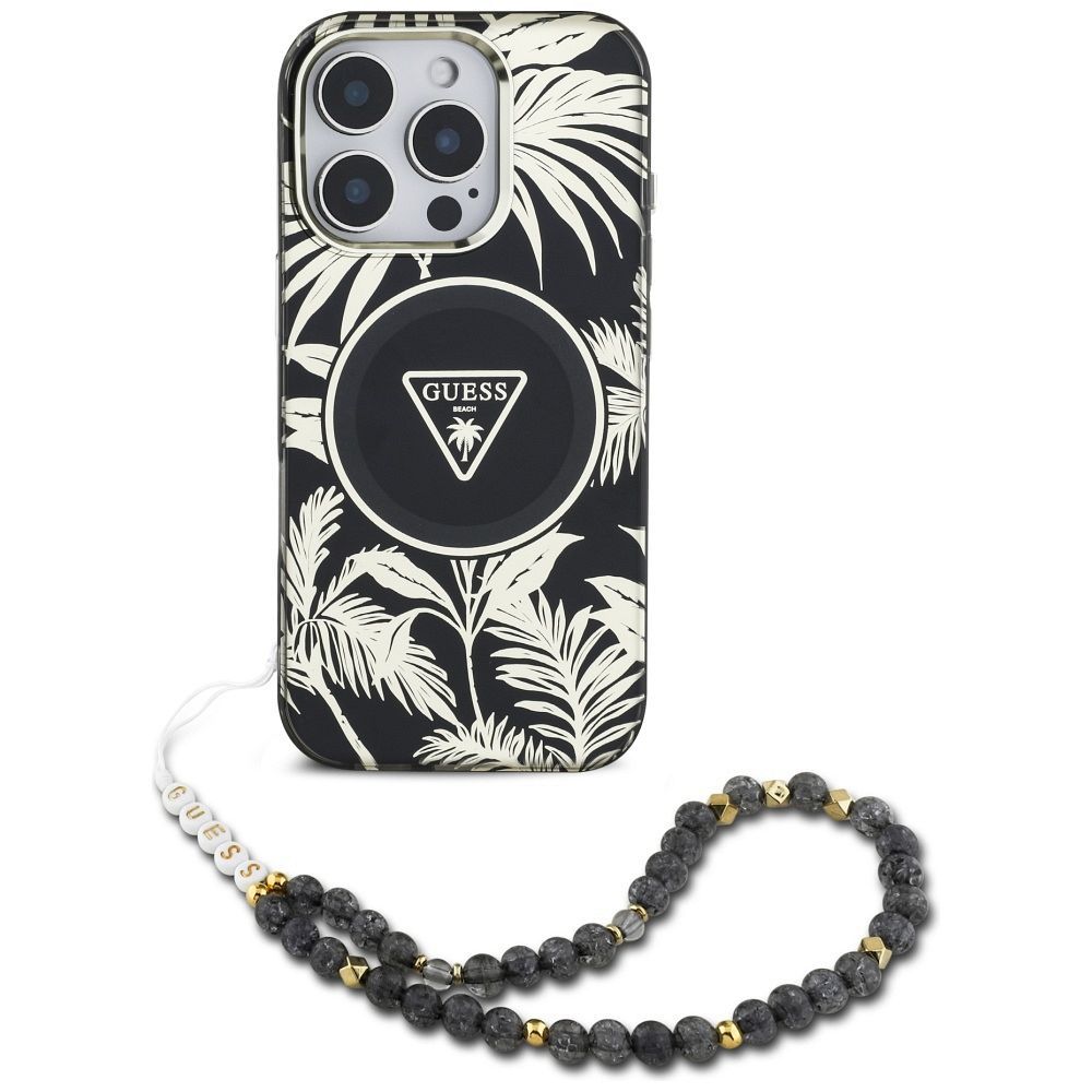 GUESS case for IPHONE 16 Pro Max compatible with MagSafe GUHMP16XHPCTPLSK (IML Palm Trees Triangle W/ Pearl Strap) black
