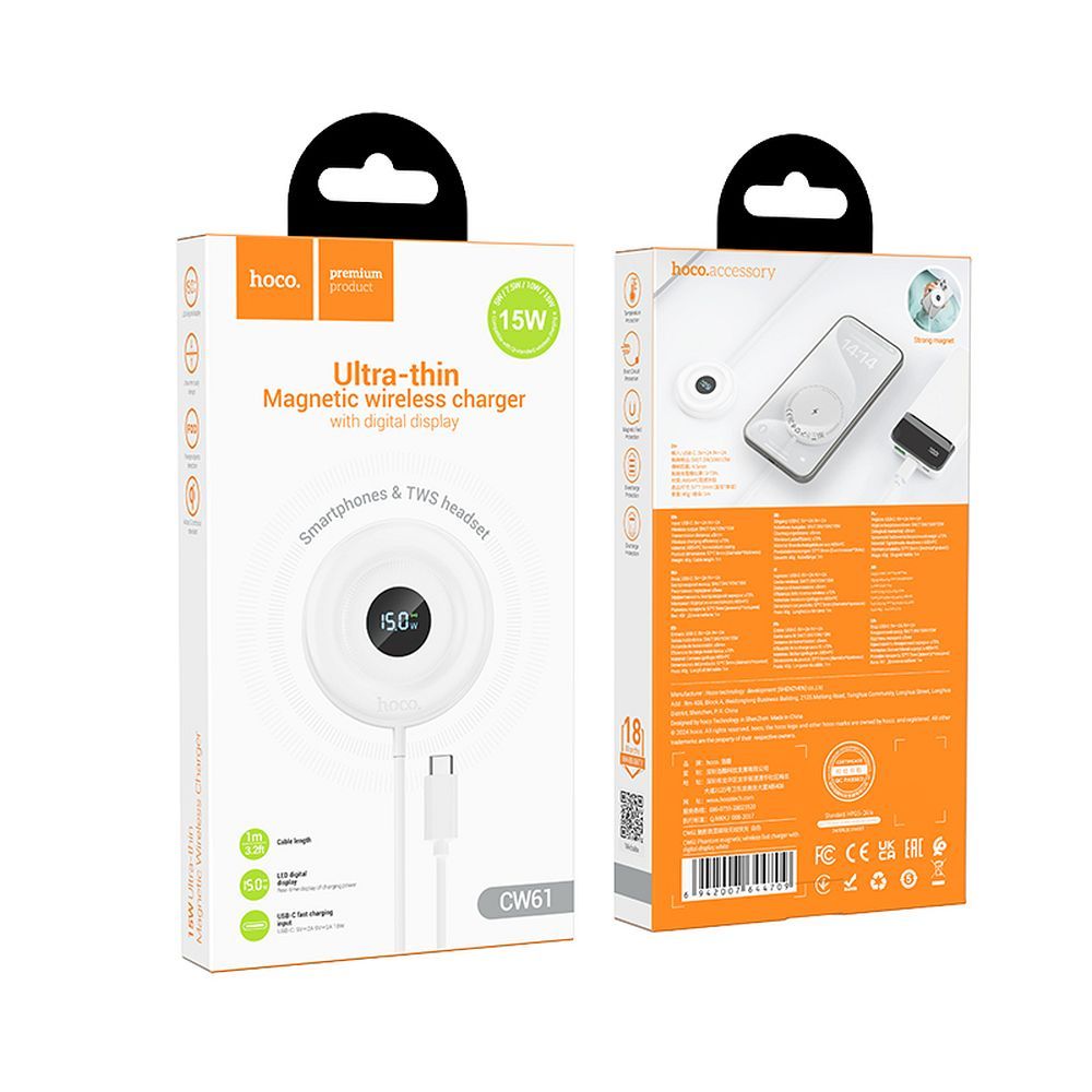 HOCO wireless charger compatible with MagSafe with digital display 2A 15W CW61 white