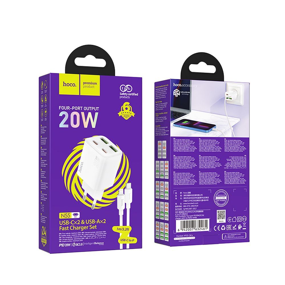 HOCO charger 2 x Type C + 2 x USB A + cable Type C to Lightning PD QC3.0 3A 20W N55 white