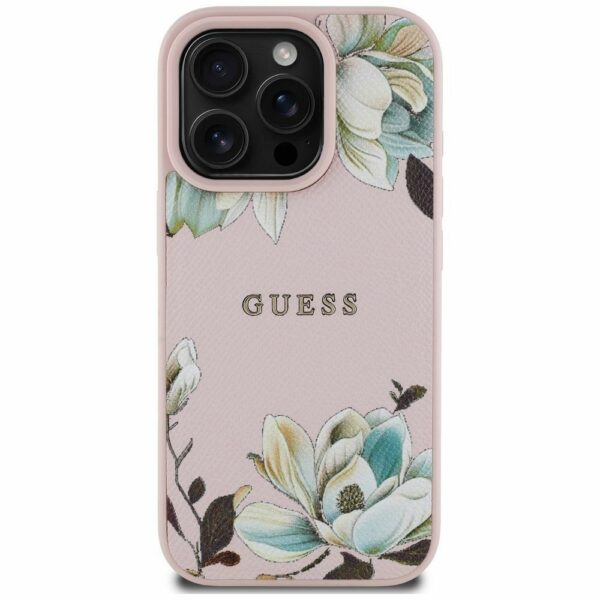 GUESS case for IPHONE 16 Pro compatible with MagSafe GUHMP16LPGNMPLMP (PU Grained Flowers Classic Logo) pink