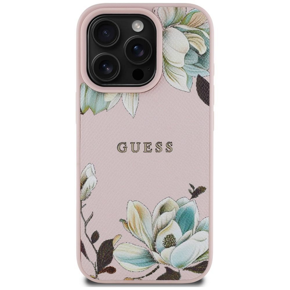 GUESS case for IPHONE 16 Pro compatible with MagSafe GUHMP16LPGNMPLMP (PU Grained Flowers Classic Logo) pink