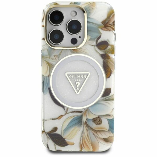 GUESS case for IPHONE 16 Pro compatible with MagSafe GUHMP16LHFLPEDH (IML Metal Glitter Flowers Triangle) white