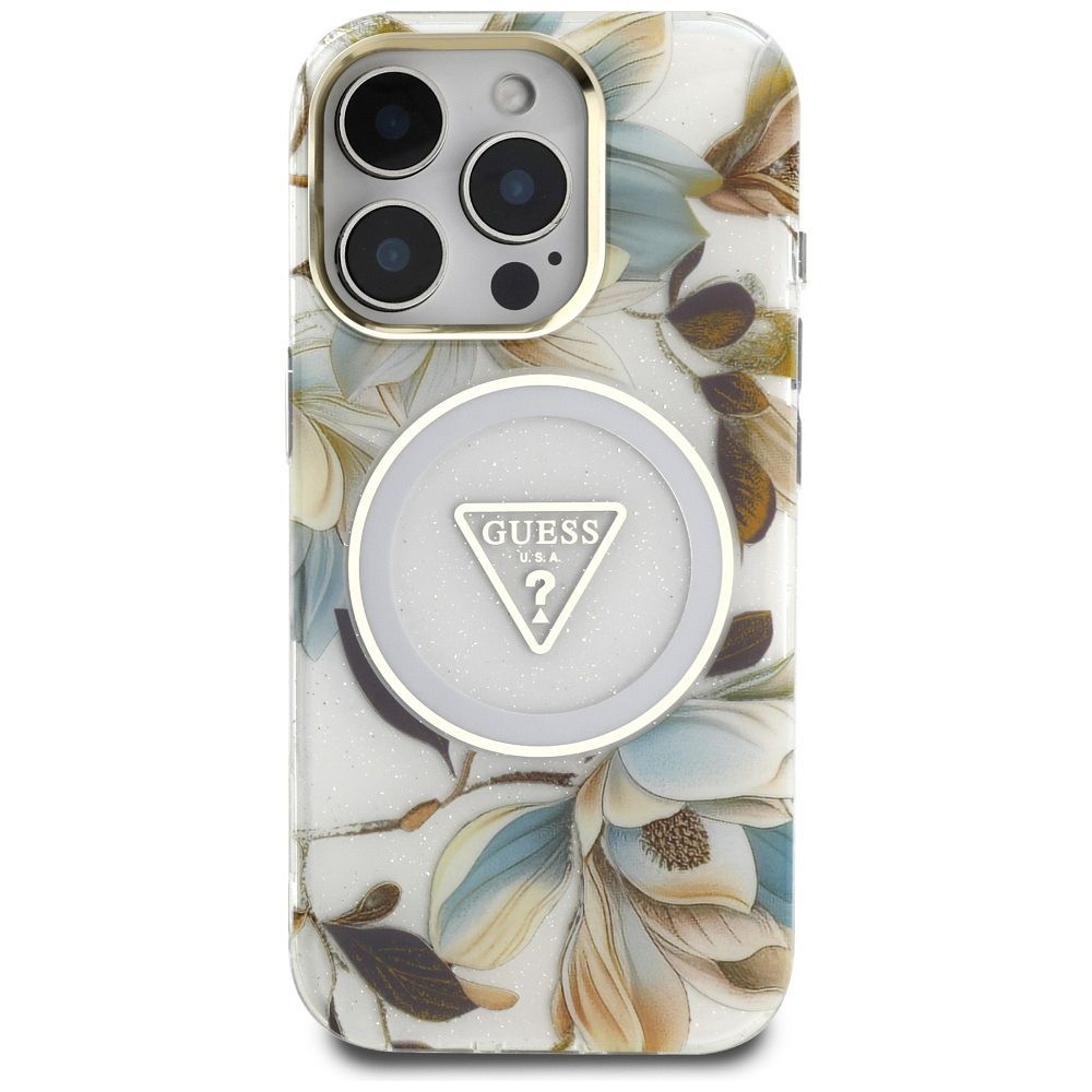 GUESS case for IPHONE 16 Pro compatible with MagSafe GUHMP16LHFLPEDH (IML Metal Glitter Flowers Triangle) white