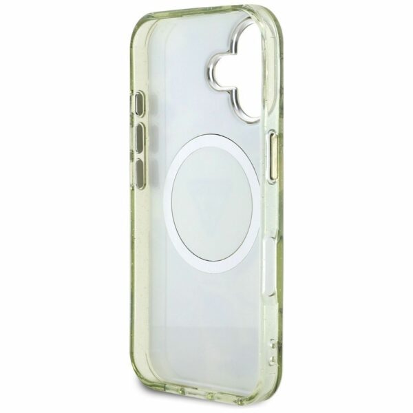 GUESS case for IPHONE 16 compatible with MagSafe GUHMP16SHFLPEDN (IML Metal Glitter Flowers Triangle) green